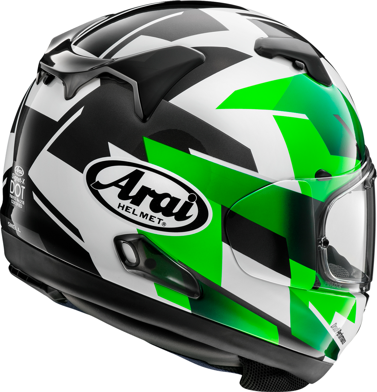 Arai Signet-X motorcycle helmet with Italy flag design in medium size, featuring sleek black and colorful Italy flag graphics.