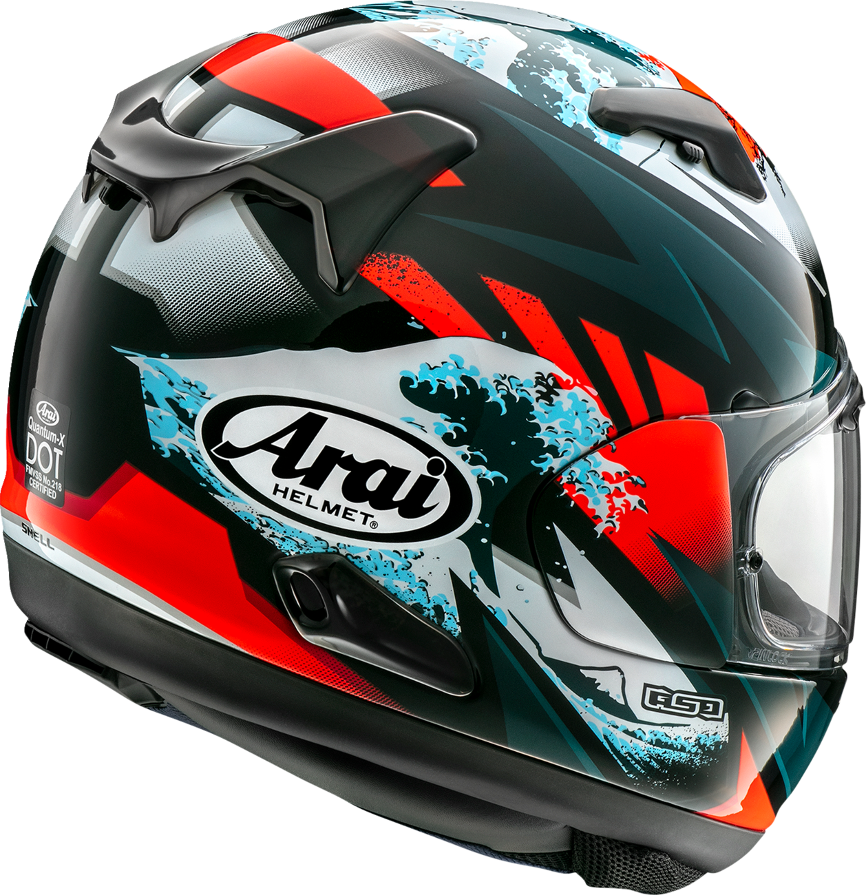 Arai Quantum-X Wave helmet in medium size featuring a sleek design and ventilation vents, shown from a side angle.