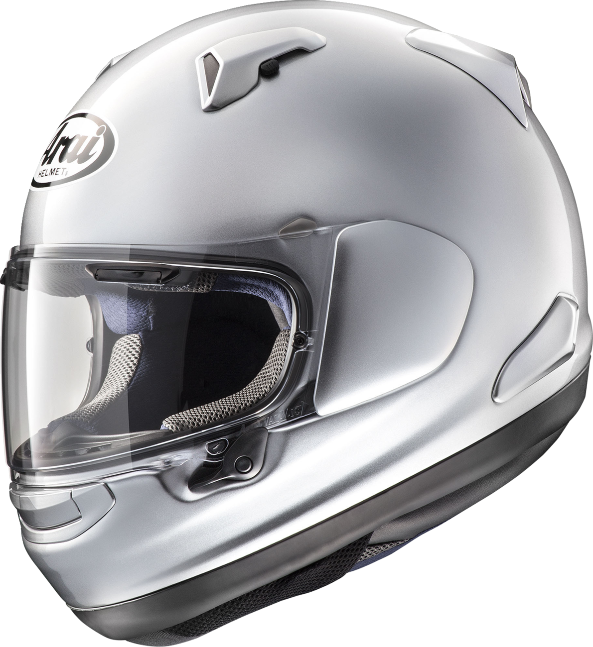Arai Signet-X silver helmet with VAS shield system, narrow oval fit, 2XL size, featuring sleek aluminum finish and aerodynamic design.