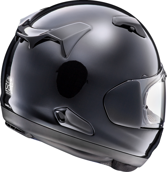 Arai Helmets Quantum-X Pearl Black helmet in size large, featuring sleek black design and aerodynamic shape for motorcycle riding.
