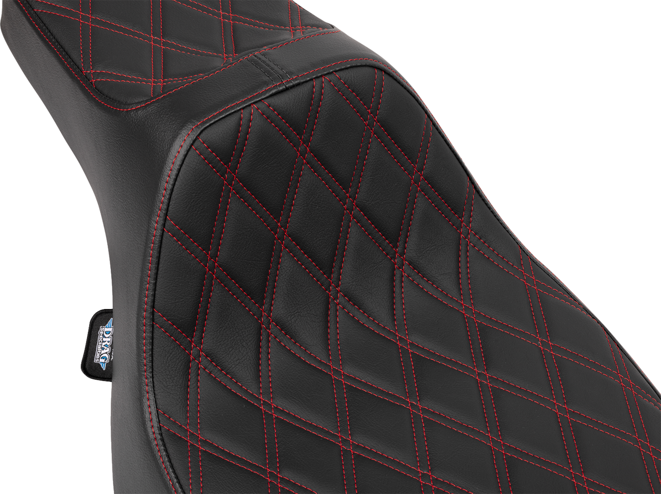 Drag Specialties Predator III extended reach seat for FLT/FLH motorcycles, red with double diamond stitching, comfortable bike seat.