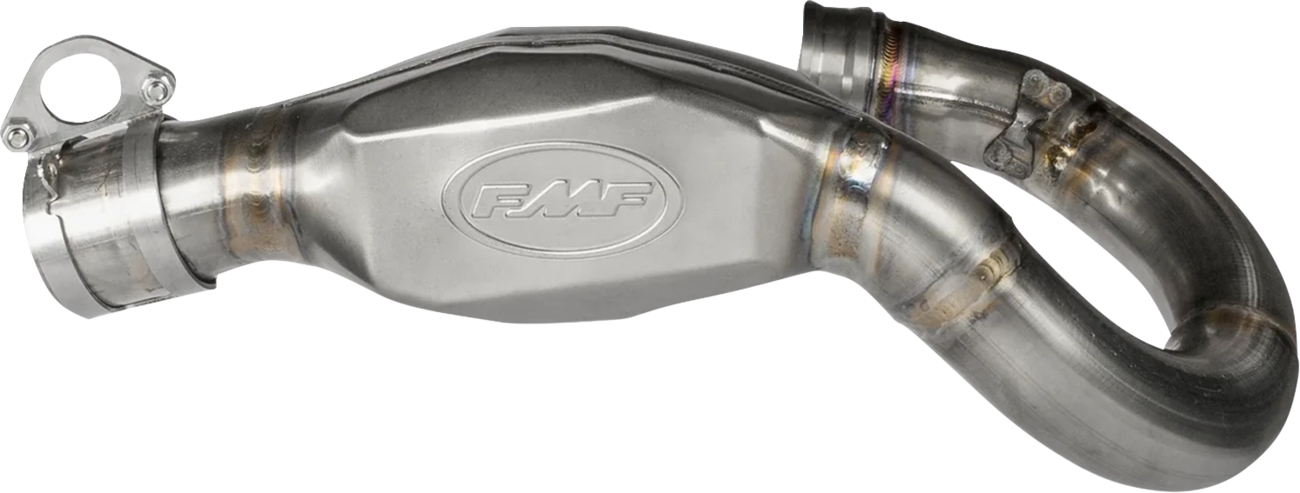 FMF MegaBomb stainless steel header for Honda CRF250R and RX motocross bikes, showing the polished header pipe and mounting points.