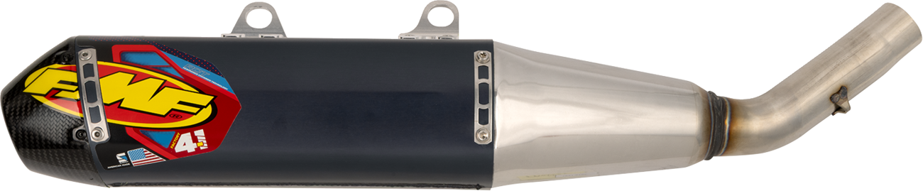 FMF Factory 4.1 RCT slip-on muffler with carbon cap installed on TF 250-X motorcycle, close-up view of exhaust system.