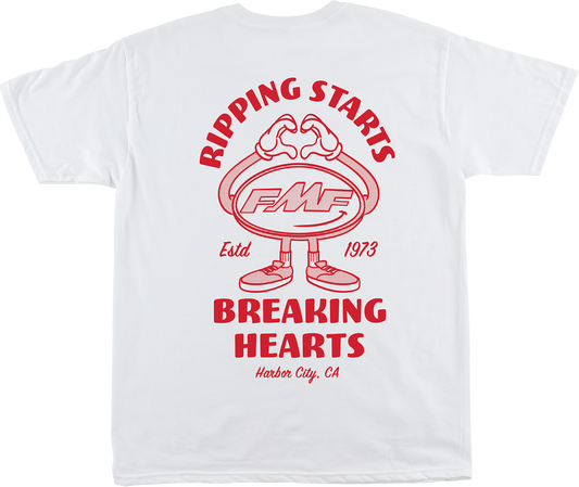 White FMF Breakin Hearts T-Shirt in Medium, soft spun cotton with front and back graphic design.