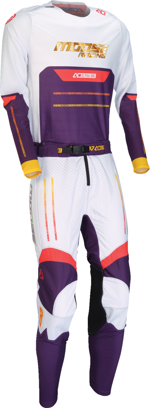 MOOSE OFFROAD Alpha One Pants in purple and red, US size 26 slim fit, showing the stylish design and durable fabric.