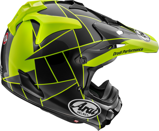 Yellow ARAI VX-Pro4 Fragment helmet in small size, featuring aerodynamic design and secure chin strap, for motorcycle safety.