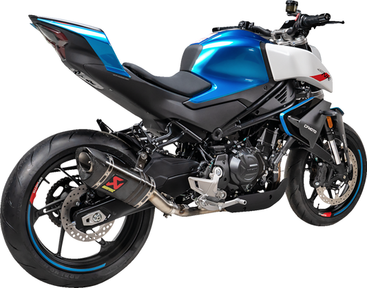 AKRAPOVIC slip-on line muffler with carbon fiber finish for CFMOTO 450SR and NK models, part number S-CF4SO1-APC.