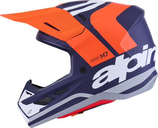 Alpinestars SM7 helmet in core matte orange and blue, large size, with aerodynamic design and ventilation vents.