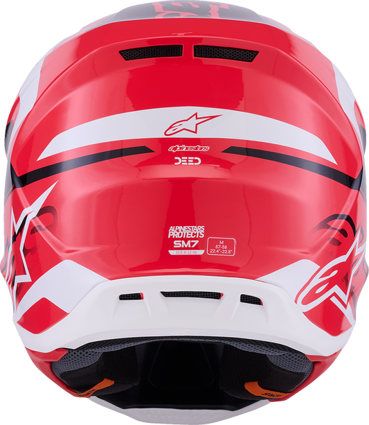 Alpinestars SM7 motorcycle helmet in Deed Gloss Red, Black, and White with XL size, featuring aerodynamic design and ventilation.