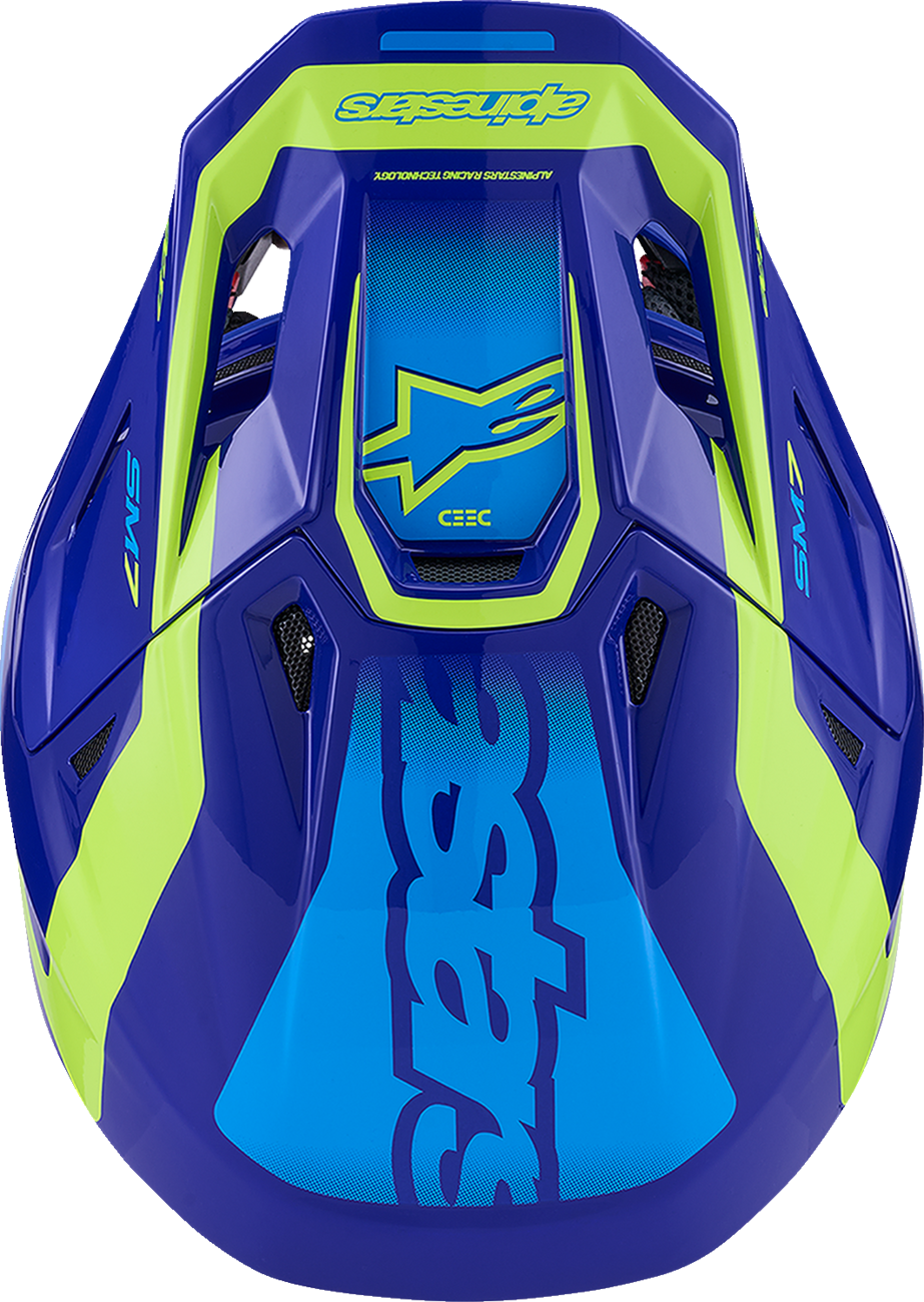 Alpinestars SM7 motorcycle helmet in gloss blue and yellow fluo with XL size, featuring aerodynamic design and ventilation.