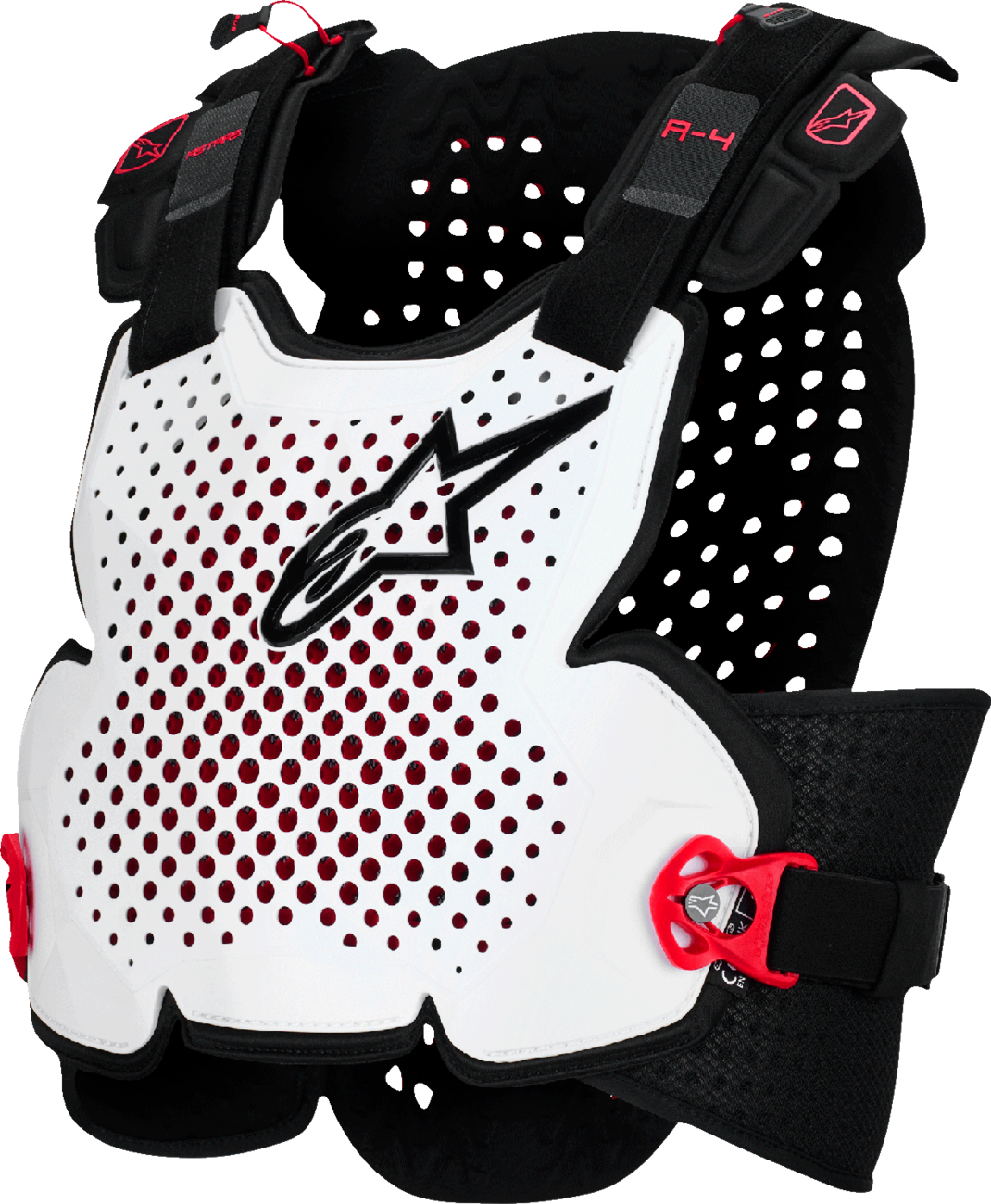 Alpinestars A-4 Plasma Roost Guard in black, red, and white, medium/large size, with protective foam and adjustable straps.