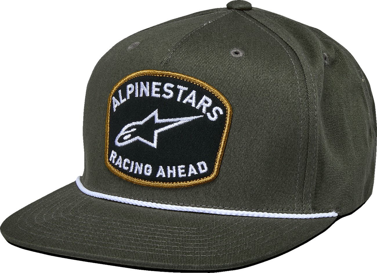 Alpinestars Promptus Snapback Hat in military style, featuring a structured design and adjustable strap, front logo detail.