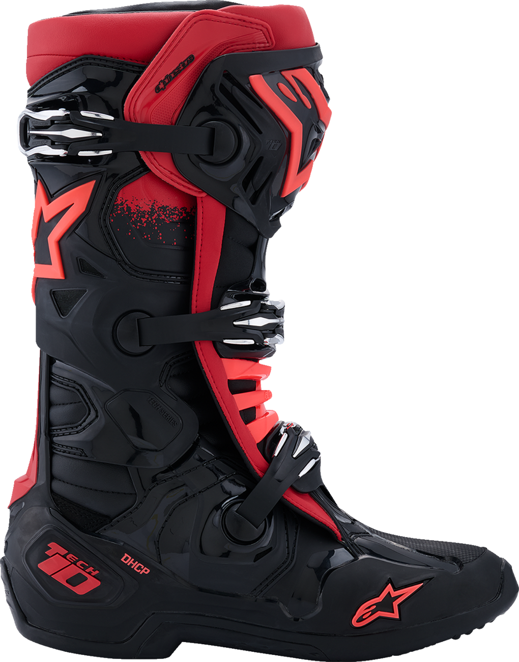 Alpinestars Tech 10 motocross boots in black and red with advanced flexion and impact protection, US size 8 / EU 42.