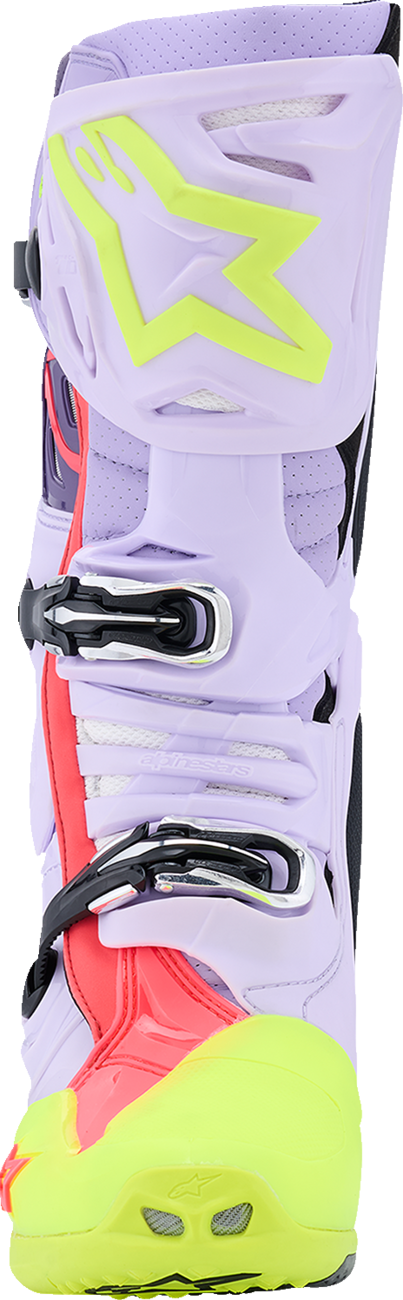 Alpinestars Tech 10 Supervented off-road motocross boots in purple, fluorescent yellow, and diva pink, US 9 / EU 43.