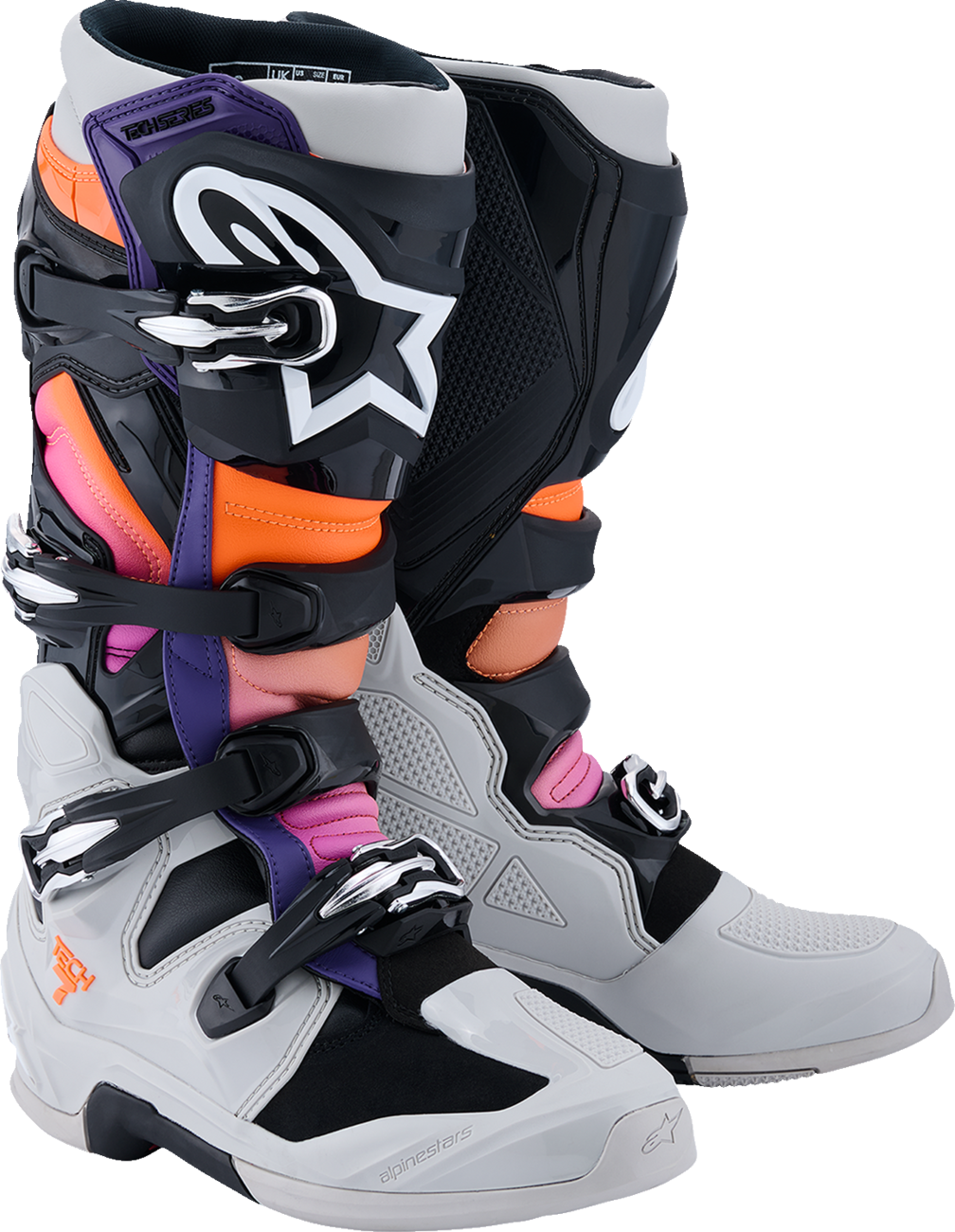 ALPINESTARS, Alpinestars Tech 7 Off-Road Motorcycle Boots - US 12 / EU 47, Black/Light Gray/Fluorescent Orange/Magenta