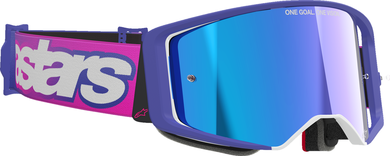Alpinestars GOGGLES Supertech Vision Vista purple fluo and pink with blue mirror lens, designed for motocross or racing.