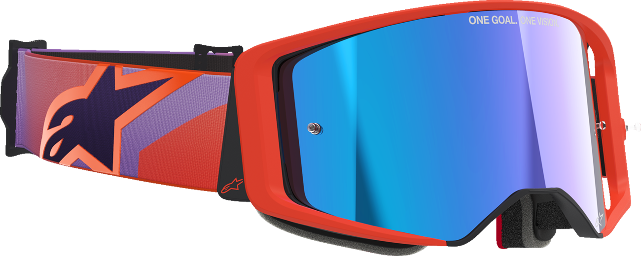 Alpinestars Supertech Vision Goggle in hot coral purple with blue mirror lens, designed for motocross and off-road riding.