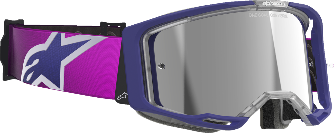 Alpinestars Vision 8 goggles in purple and light gray with silver mirror lens, featuring a sleek, sporty design for motocross riding.