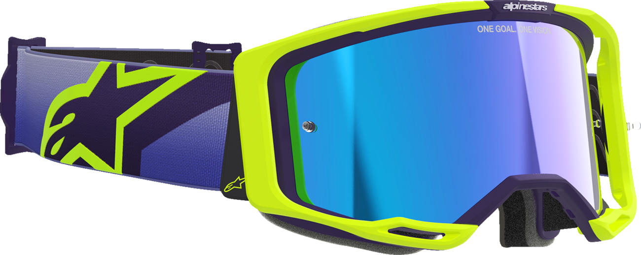 Alpinestars Vision 8 goggles in purple and yellow fluo with blue mirror lens, featuring a sleek design and adjustable strap.
