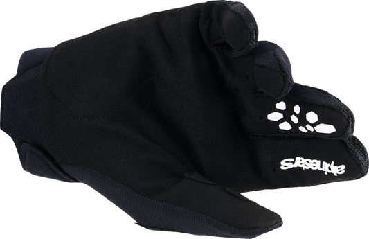 Alpinestars Youth Full Bore V2 gloves in black and white, size 2XS, featuring protective knuckles and adjustable wrist straps.