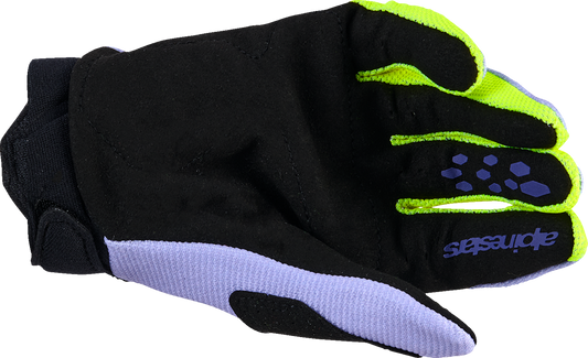 Alpinestars Youth Full Bore V2 gloves in purple and fluo yellow, size 2XS, featuring protective knuckles and breathable fabric.