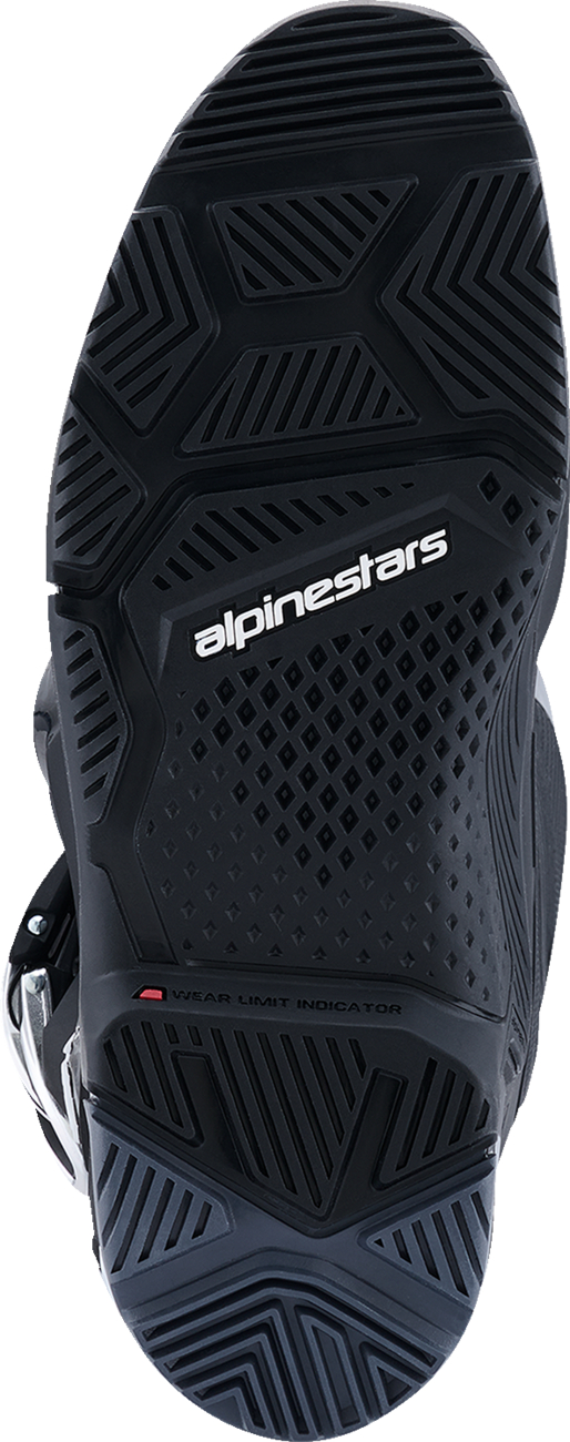 Alpinestars Tech 7 Enduro motorcycle boots in black, anthracite, and white, US size 12, with protective design and sturdy construction.