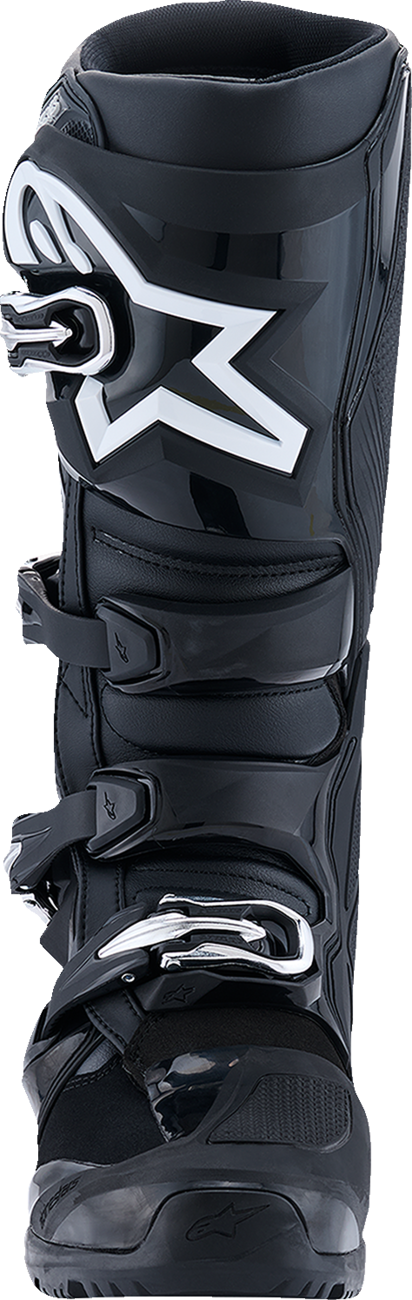 Alpinestars Tech 7 Enduro motorcycle boots in black, anthracite, and white, US size 12, with sturdy protective design.