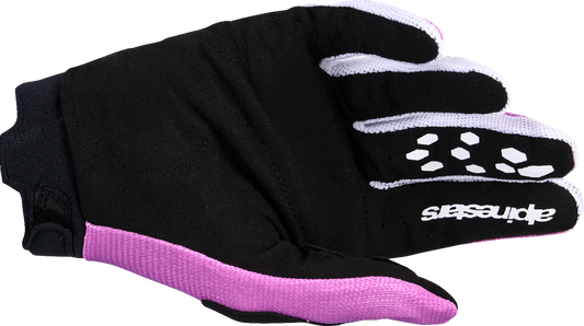 Alpinestars Stella Full Bore V2 motorcycle gloves in violet, white, and black, size extra large with protective padding.