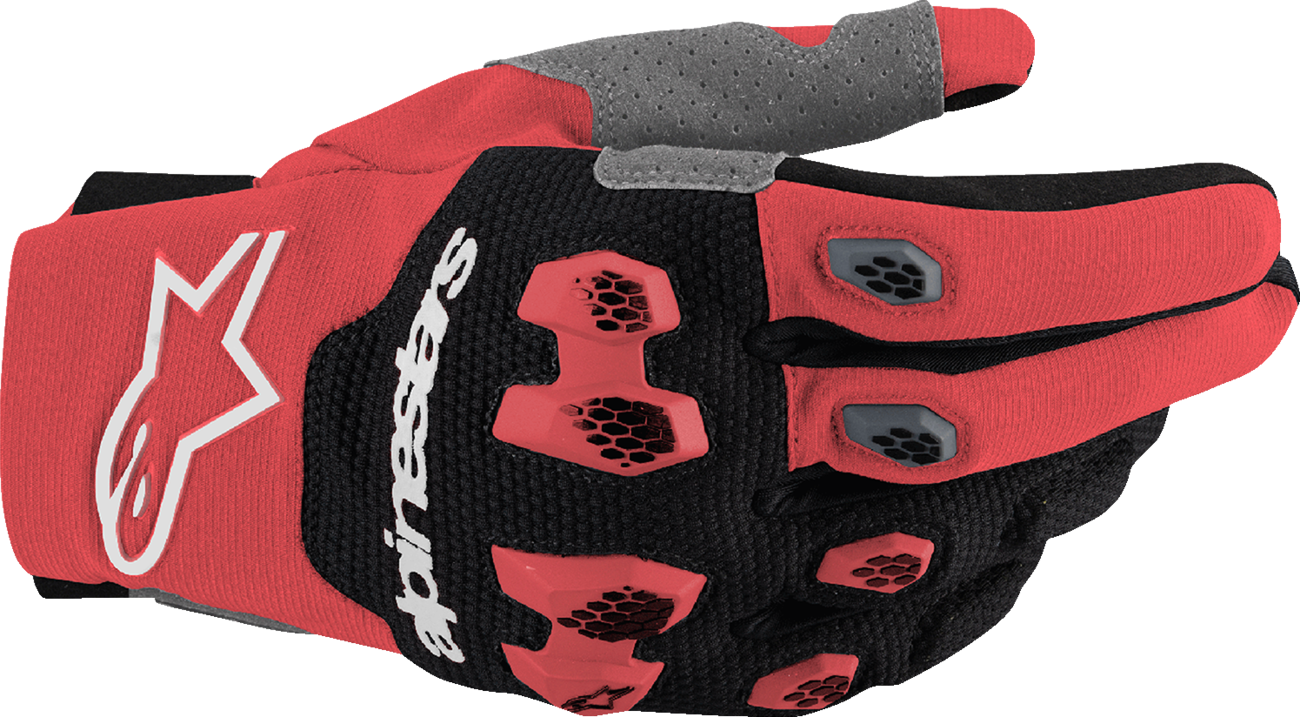 Alpinestars Pro-Dura motorcycle gloves in bright red and black, 2XL size, featuring reinforced protection and durable leather construction.