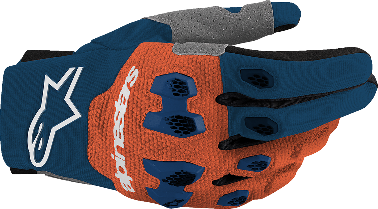 Alpinestars Pro-Dura gloves in navy, hot orange, and white, size XL, showing durable motorcycle glove design with reinforced palms.
