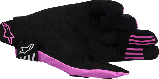 Alpinestars Techstar racing gloves in 2XL, black, light gray, and purple with protective knuckles and breathable fabric for performance riding.