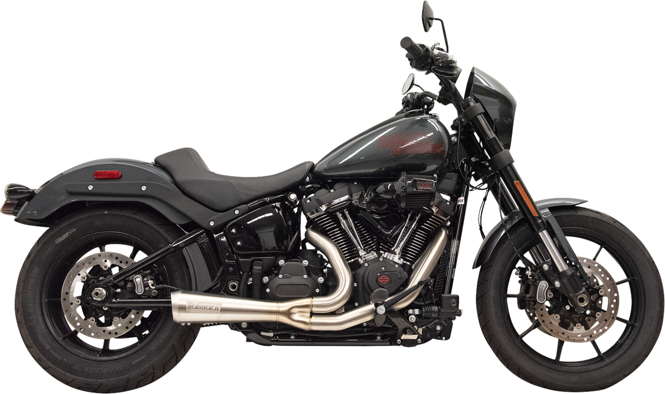 Chrome Bassani Xhaust 1S75 Ripper 2-into-1 Softail exhaust system with megaphone muffler for M8 Softail motorcycle.