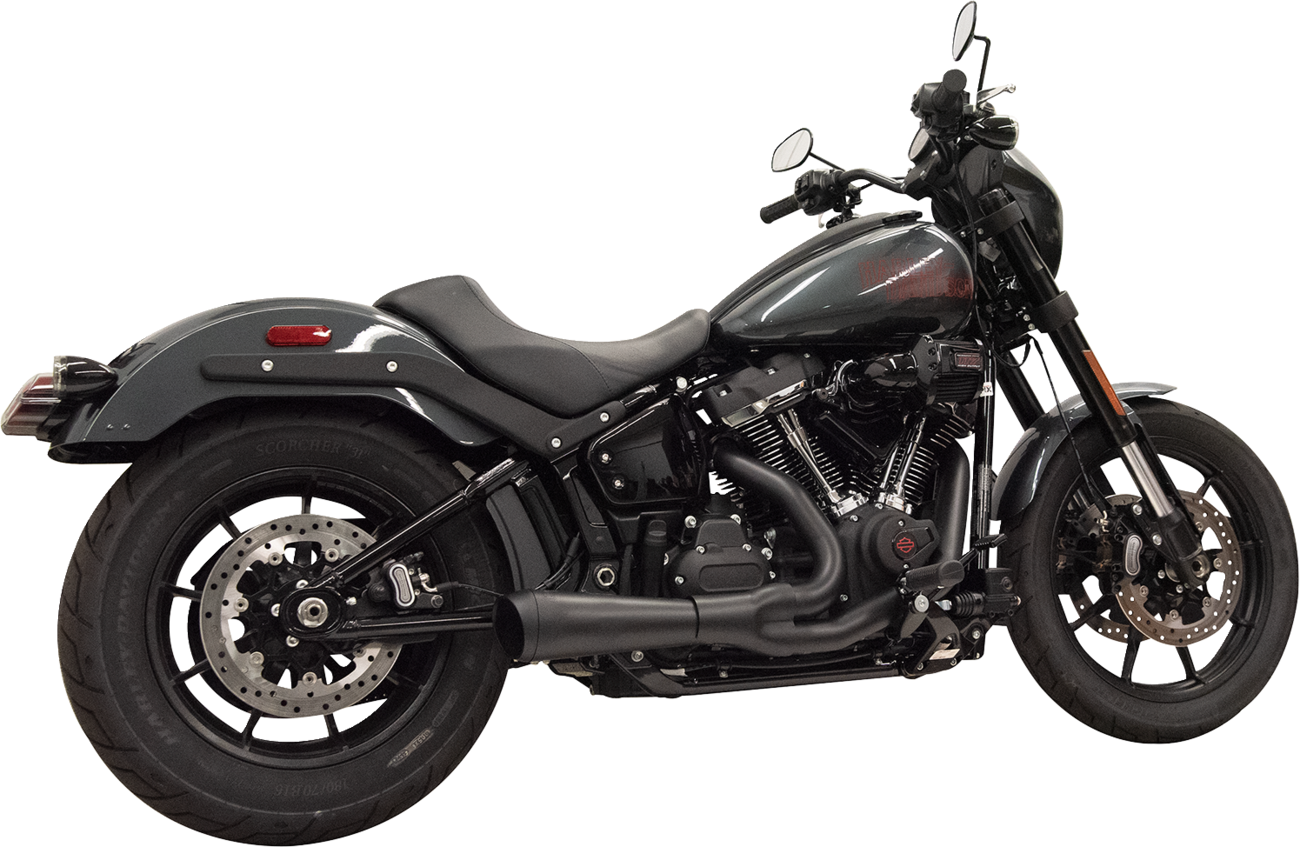 Bassani Xhaust 1S75B Ripper 2-into-1 exhaust system with megaphone muffler on black finish for M8 Softail motorcycle.