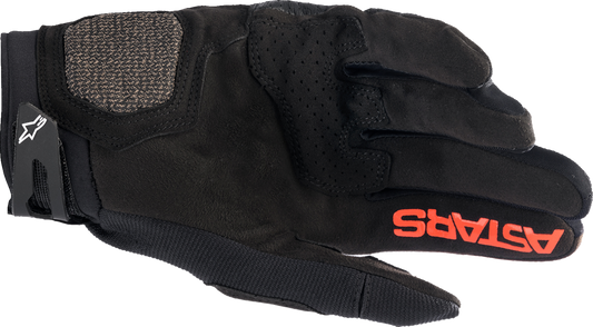 Alpinestars Megawatt V2 off-road gloves in black and fluo red, small size, showing protective padding and durable fabric.
