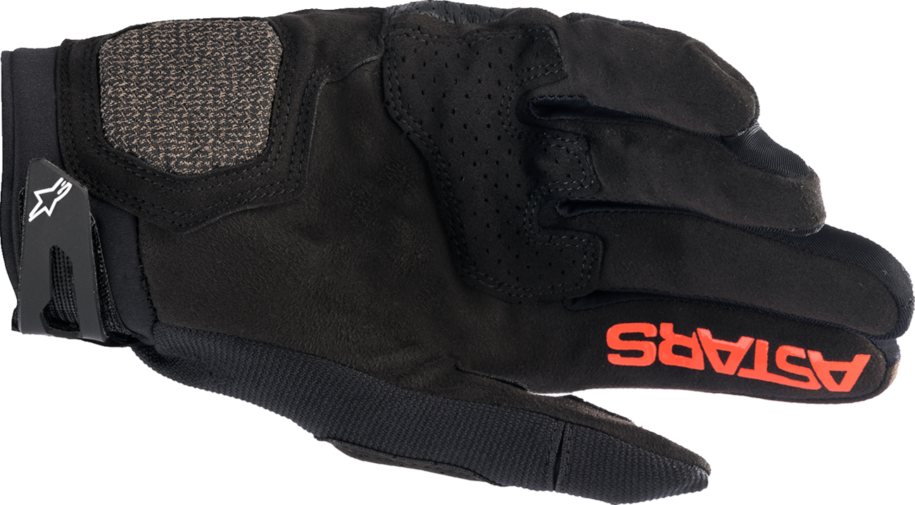 Alpinestars Megawatt V2 off-road motocross gloves in black and fluo red, 2XL, with padded palms and breathable fabric.