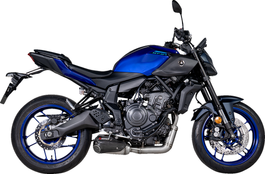 AKRAPOVIC Racing Line exhaust system for Yamaha MT-07 motorcycle, featuring polished metal and performance-oriented design.