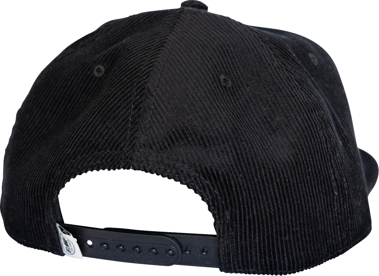 Black FMF Garage Cord Hat with adjustable strap and embroidered FMF logo, casual headwear for outdoor and everyday wear.
