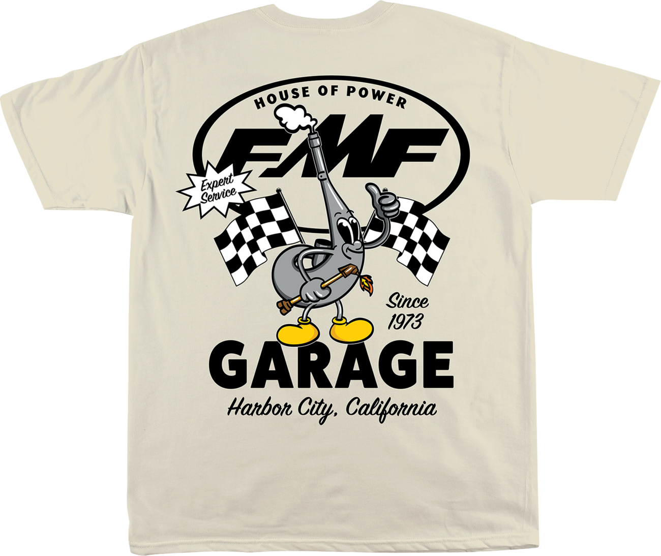 FMF Garage T-Shirt in natural color, large size, casual cotton top with FMF logo print on front.