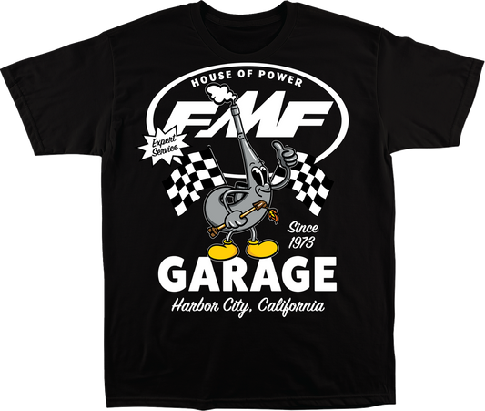 Black FMF Garage T-Shirt in Small size featuring the FMF logo and garage graphic on the front.