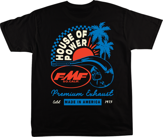 Black FMF Moto Shop T-shirt in small size with FMF logo and graphic design on front.