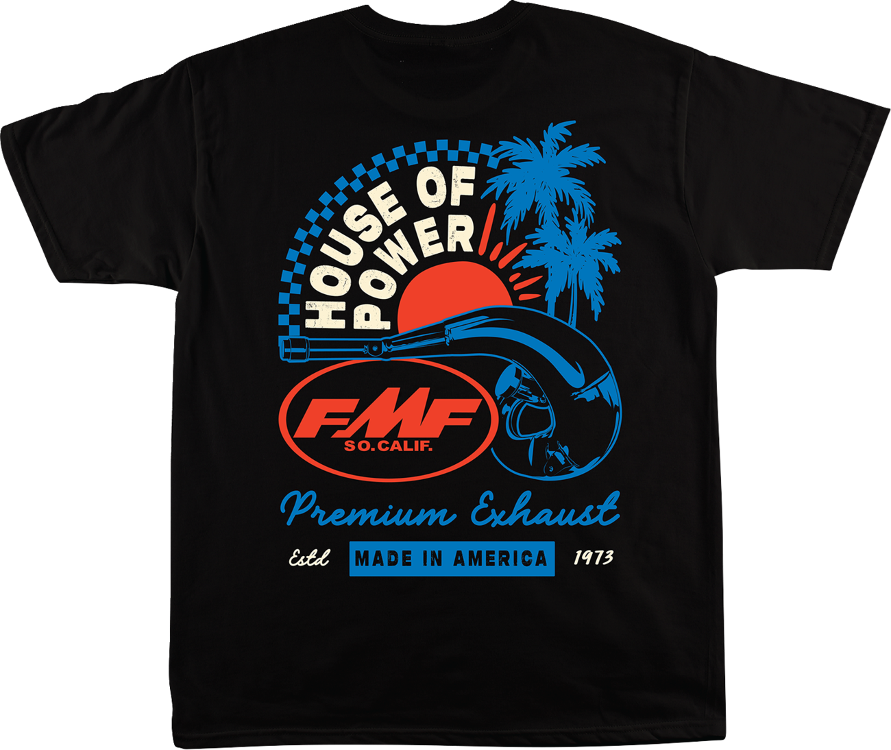 FMF Moto Shop black medium T-shirt featuring a large graphic design on the front, made from comfortable cotton fabric.
