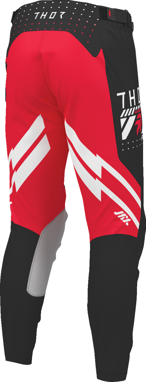 THOR Launchmode Futura Pants in black and red with durable leather inner knee grips, US size 34, designed for motocross riding.