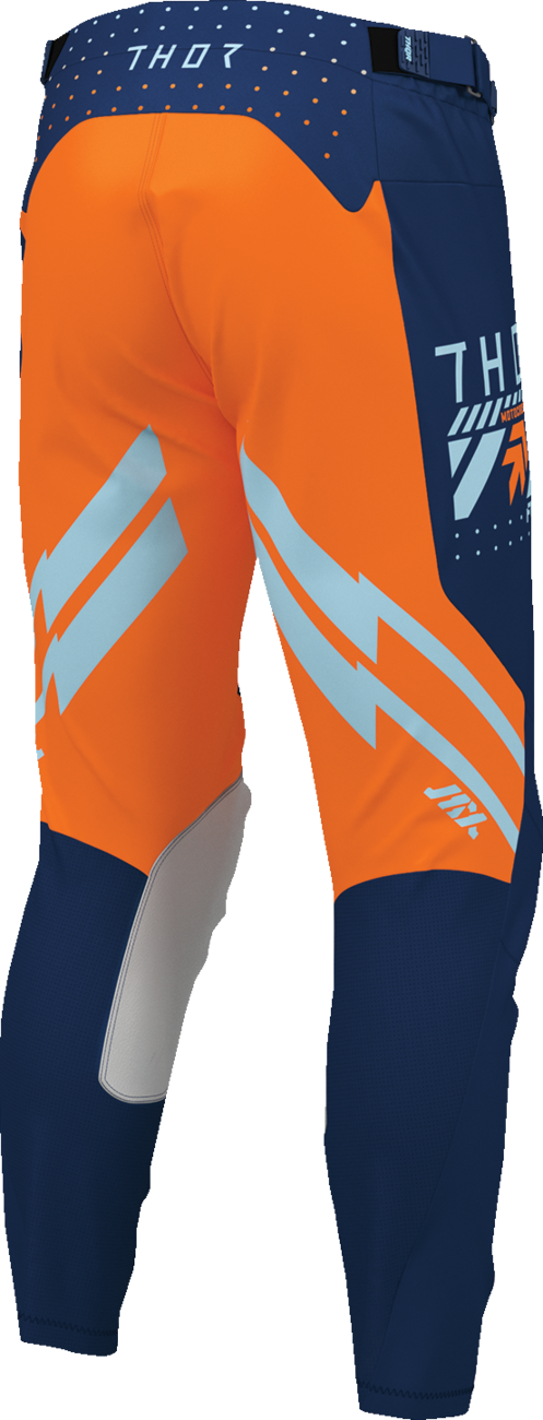 THOR Launchmode Futura motorcycle pants in navy and orange, featuring durable fabric and ventilation for riding comfort.