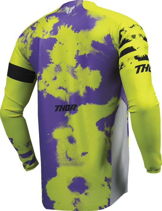 Gray and acid-colored THOR Youth Launchmode Bleach Jersey with brand logo and athletic fit, front view.