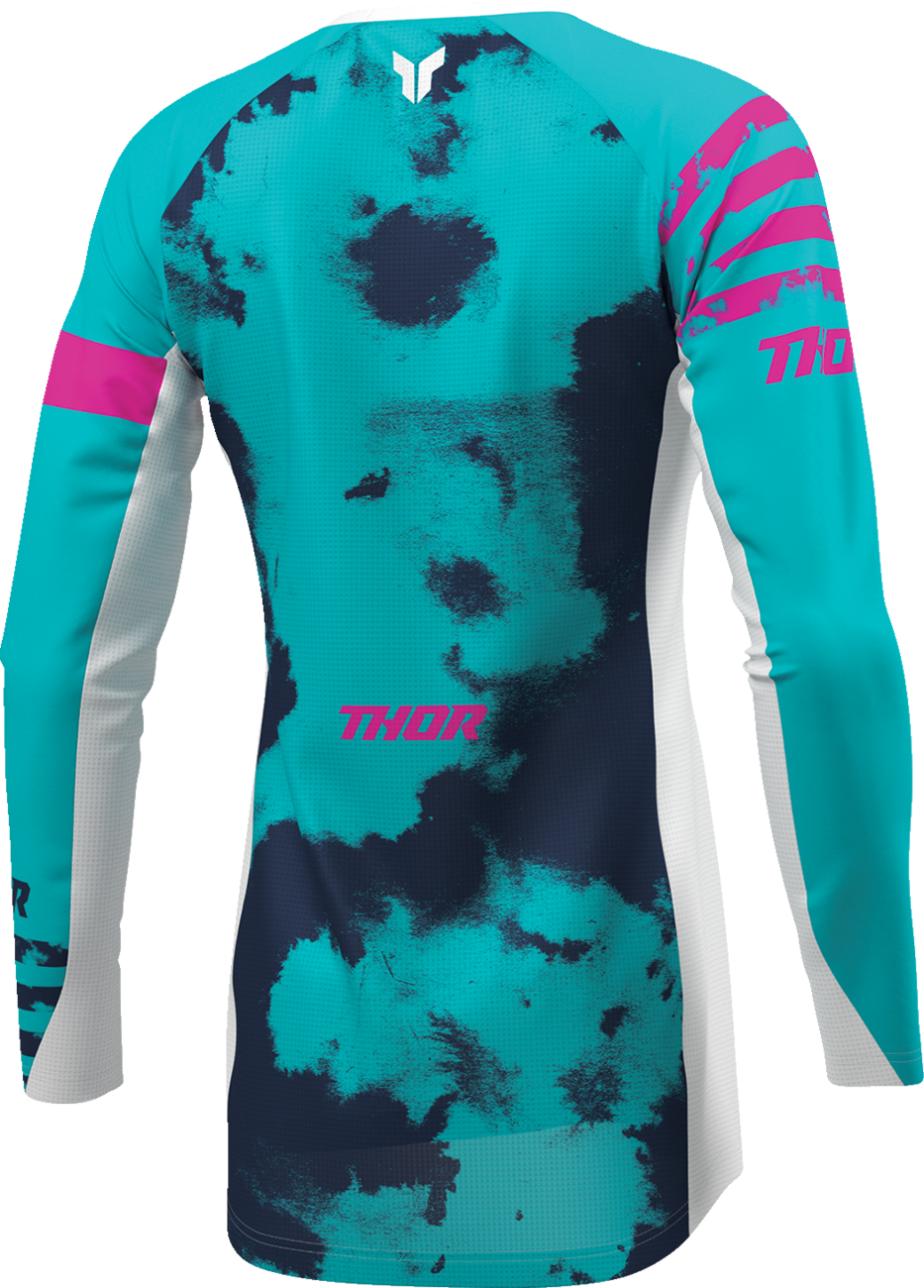 THOR Women's Launchmode Bleach Jersey in white and aqua, featuring a sporty design with THOR branding.