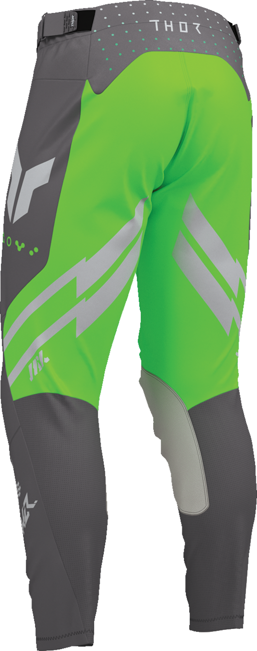 THOR Launchmode Futura motorcycle riding pants in charcoal and green, featuring breathable ventilation and secure fit.