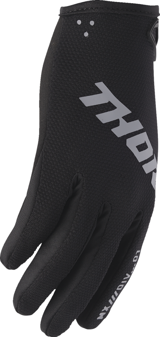 Black THOR Youth Ridemode Static Gloves in large size, showing padded palms and secure wrist closure for motorcycle riding.