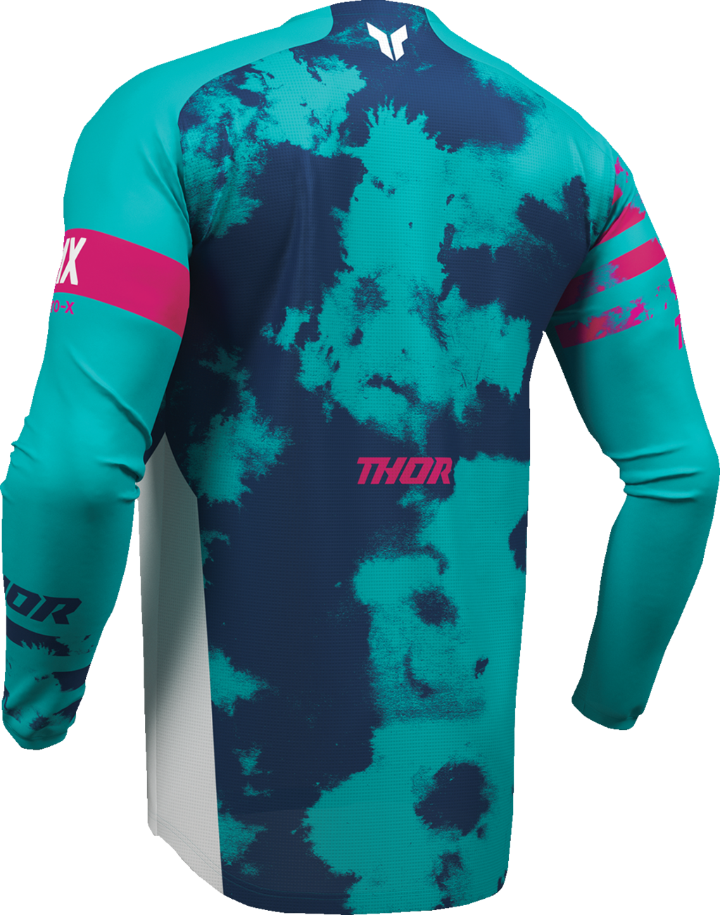 White and aqua THOR Youth Launchmode Bleach Jersey XL, featuring sporty design and branding details.