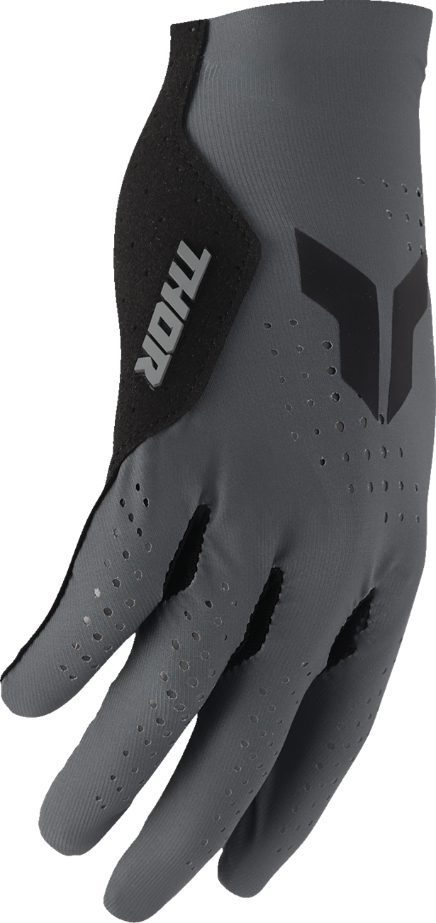 THOR Sportmode Vented Iconic gloves in charcoal, size XL, showing breathable design and secure fit for motorcycle riding.