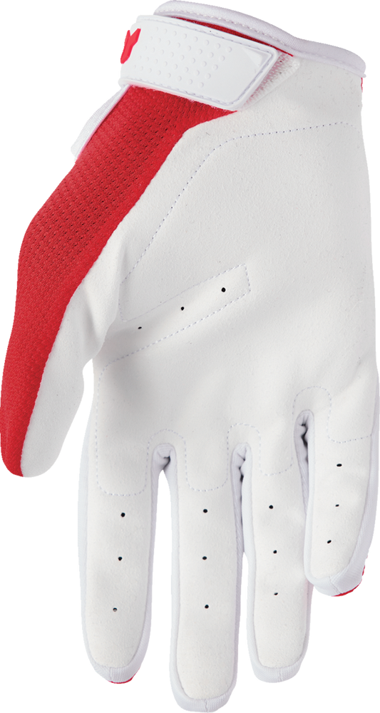 Red THOR Youth Ridemode Static gloves in small size with padded knuckles, designed for youth motocross riding.